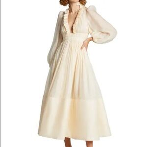 Botanica Long-Sleeve Ruffle-Neck Organza Dress in Creme